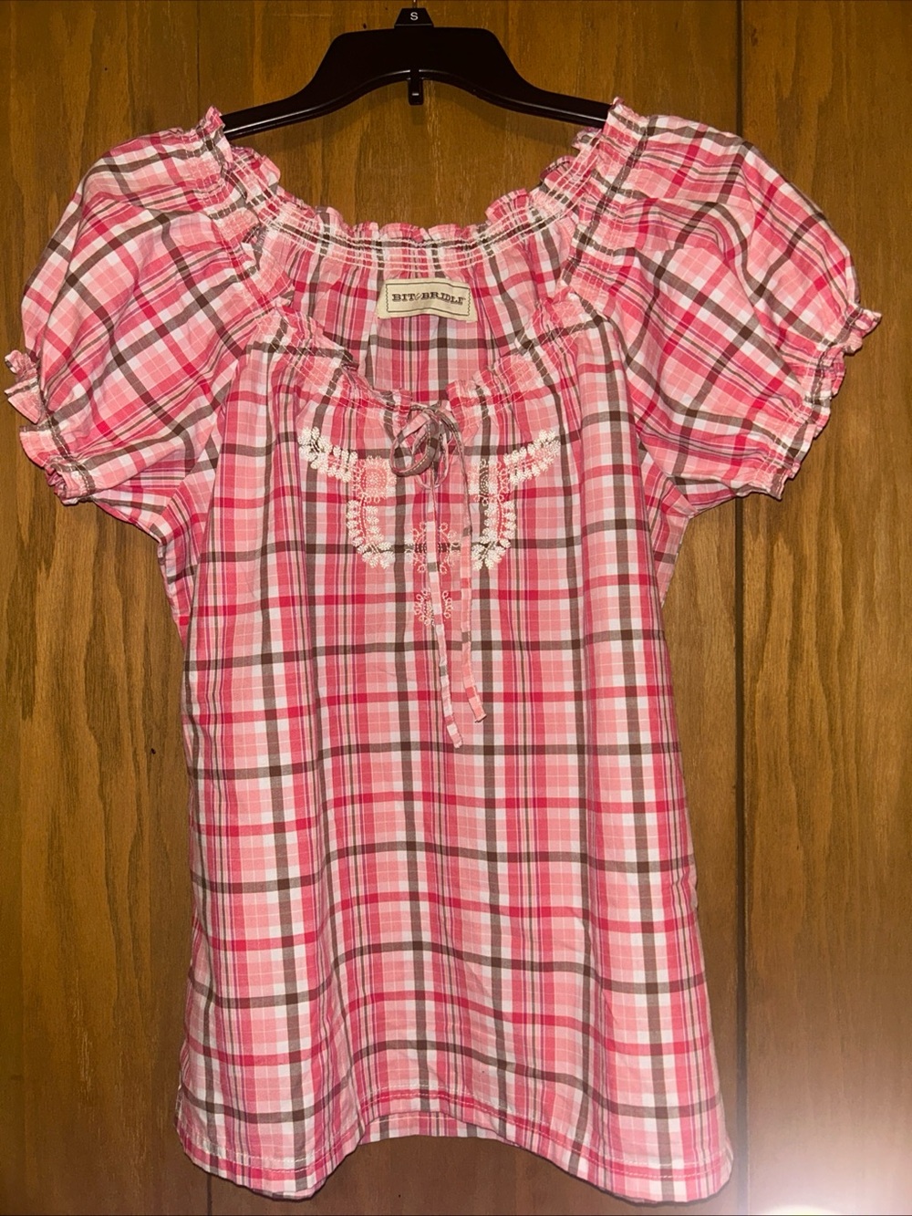 Bit & Bridle Pink Plaid Ruffle-Yoke Women’s Top with Embroidered Detail NWOT